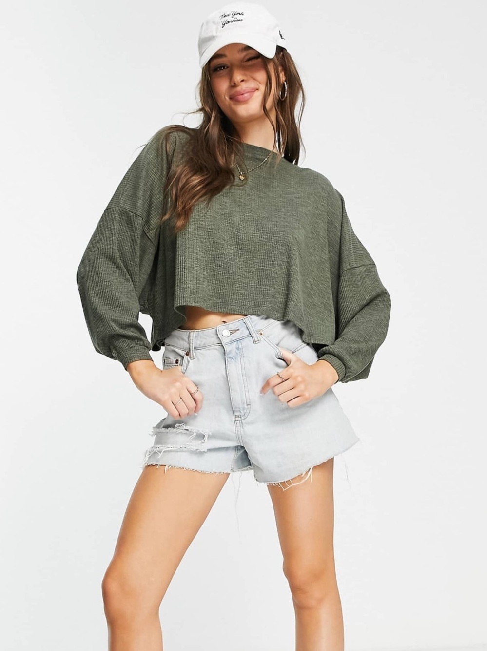 Women’s Green Long Sleeve Batwing Ribbed Baggy Boxy Slouchy Shirt Top Small